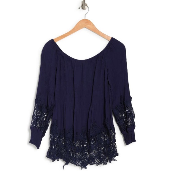 Casting |  Women’s Crochet Trim Smocked Off-The-Shoulder Top Color: Navy - Picture 17 of 17